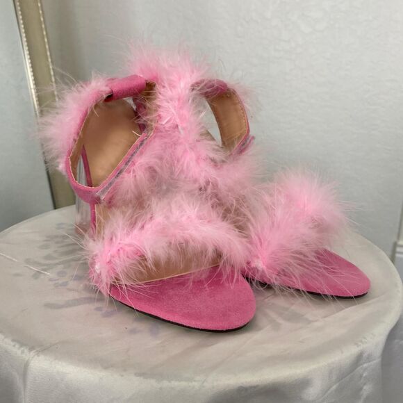 Light Pink Feather Fluffy Wrap Around Heart Block High Heels EU 37 / US 6.5 - Picture 3 of 7